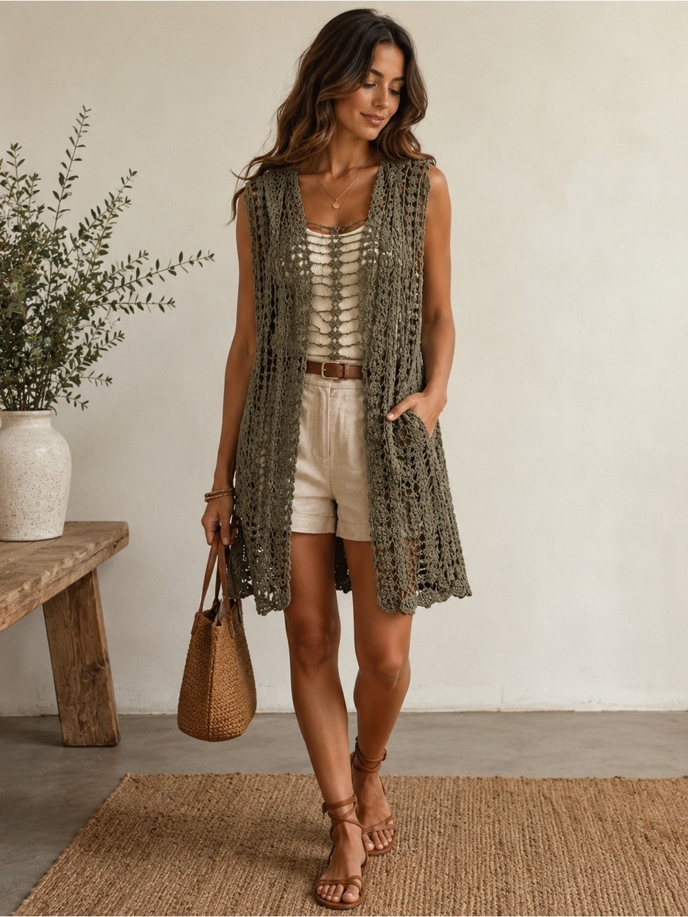 POL Olive Crochet Cardigan